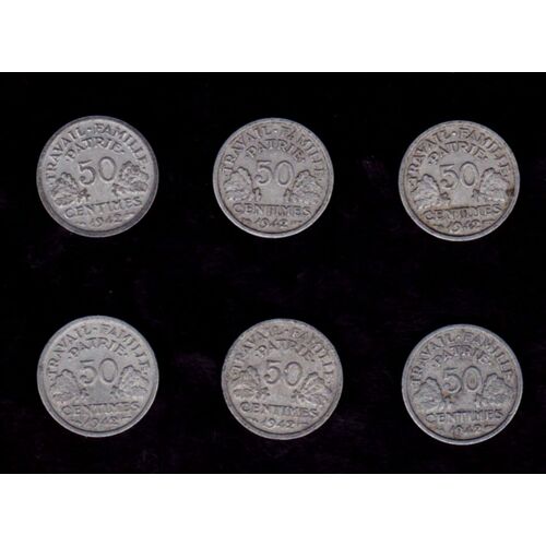 Lot De 6 Pieces 50 Centimes Etat Francais Bazor 1942