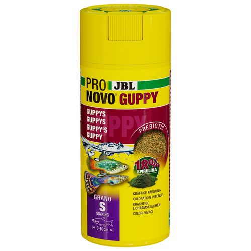 Jbl Pronovo Guppy Grano Aliment De Base Pour Guppys Et Autres Poissons Ovovivipares De 3-10 Cm Granulés Pour Poissons Doseur Clic Taille S 250 Ml