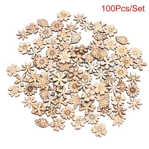Mélange De Pièces En Bois, 100 Pièces, Feuilles De Fleurs Créatives, Découpes En Tranches Pour Bricolage, Décoration Artistique En Bois, Scrapbooking, Gribouillage, Fête À Domicile