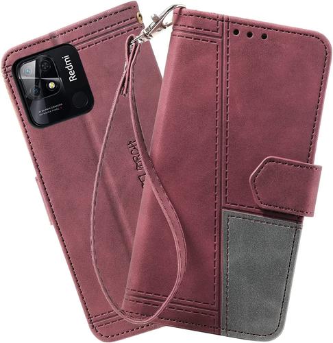 Coque Compatible avec Xiaomi Redmi 10C, Portefeuille Housse en Cuir PU pour Xiaomi Redmi 10C, Magnetique Antichoc Flip Coque, Vin Rouge