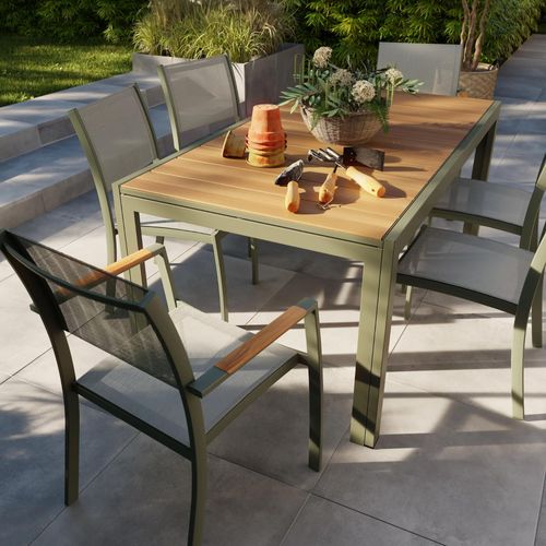 Table De Jardin Rowa En Aluminium Coloris Vert Olive Et Imitation Bois - 10 Personnes