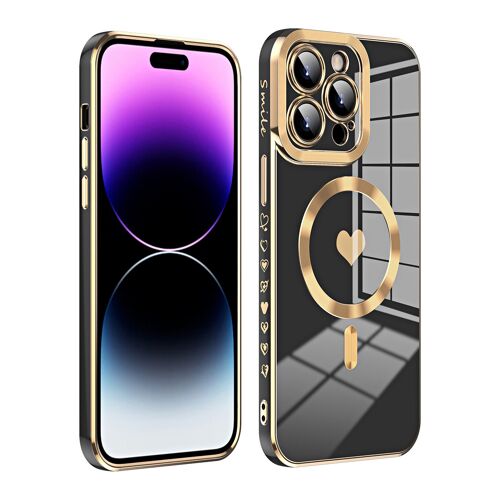 Coque pour iphone13, plaqué, coeurs latéraux, coque de téléphone magsafe - Noir