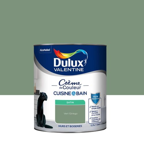 Peinture haute résistance Crème de couleur cuisine et bain Dulux Valentine vert ginkgo satin 0,75L