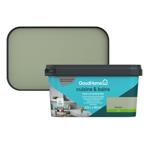 Peinture cuisine et salle de bains GoodHome vert Limerick satin 2,5L
