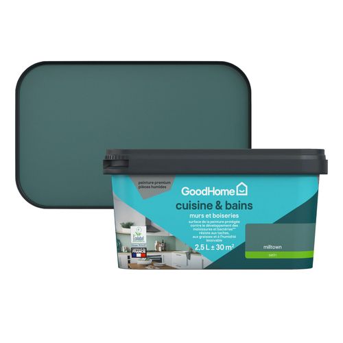Peinture cuisine et salle de bains GoodHome vert Milltown satin 2,5L