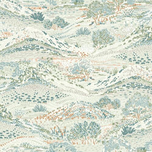 Papier peint vinyle intissé Sejours & Chambres Lutece mat et satiné colline, feuilles vert, bleu, bleu aqua l.1005 x l.53 cm