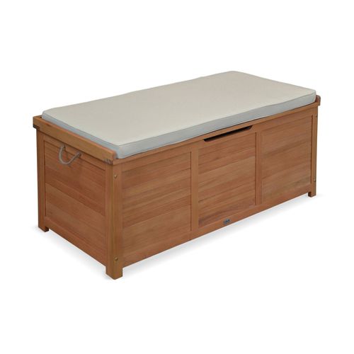 Coffre De Jardin 200l En Bois Caja Beige 125x60 Cm Rangement Coussins Avec Vérin Et Poignées