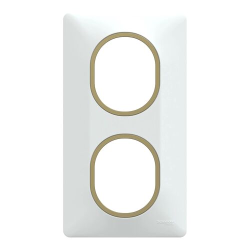 Plaque de finition 2 postes Schneider Electric Ovalis S320724D coloris blanc avec liseré laiton l.87 x P.10 x H.158 mm