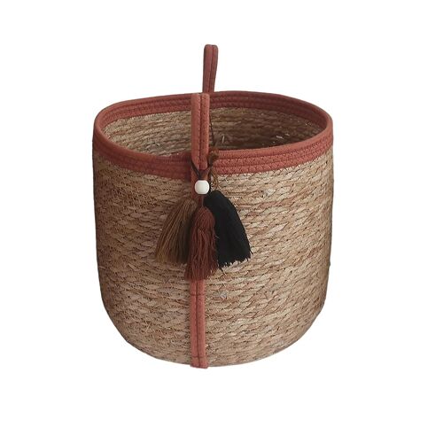 Panier rond en jonc de mer Norasia terracotta et couleur naturelle avec pompons taille M