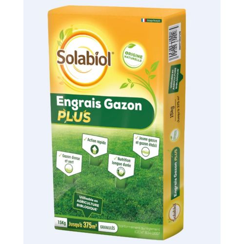 Engrais Pour Gazon Plus Solabiol 15kg, 375 M2