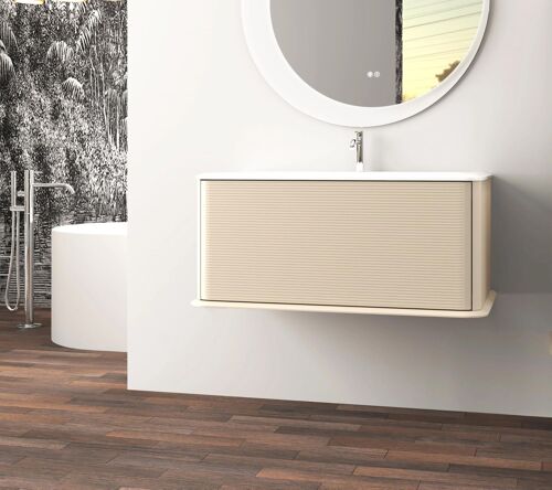 Meuble sous-vasque à suspendre l.95 cm avec plan vasque résine, beige coton, Idra