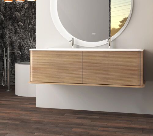 Meuble Sous-Vasque À Suspendre L.141 Cm Avec Plan Vasque Résine, Effet Chêne Tabac, Idra