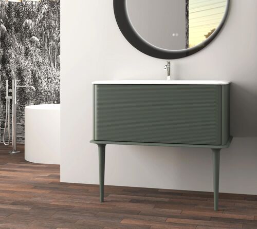 Meuble sous-vasque à suspendre l.95 cm avec plan vasque résine et pieds H.43 cm, vert mat, Idra