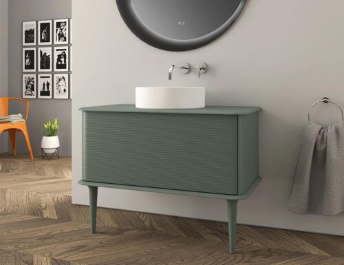 Meuble sous-vasque à suspendre l.95 cm avec plan de toilette, vasque à poser et pieds H.29 cm, vert mat, Idra