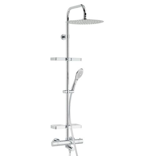 Colonne bain douche thermostatique avec tablette, pomme de tête ronde, douchette et flexible, chrome, Valentin Opium