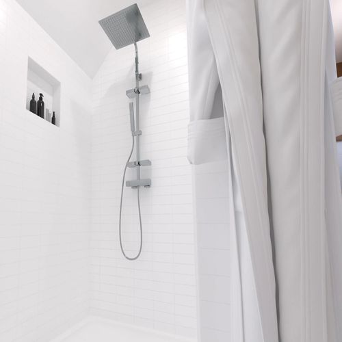 Colonne de douche thermostatique avec tablettes, pomme de tête, douchette et flexible, chrome, Valentin Touareg