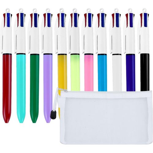 Lot De 11 Stylos À Bille 4 Couleurs Avec Poche En Filet,1,0 Mm,Stylos Multicolores Rétractables,4 En 1,Pour Fournitures Scolaires De Bureau