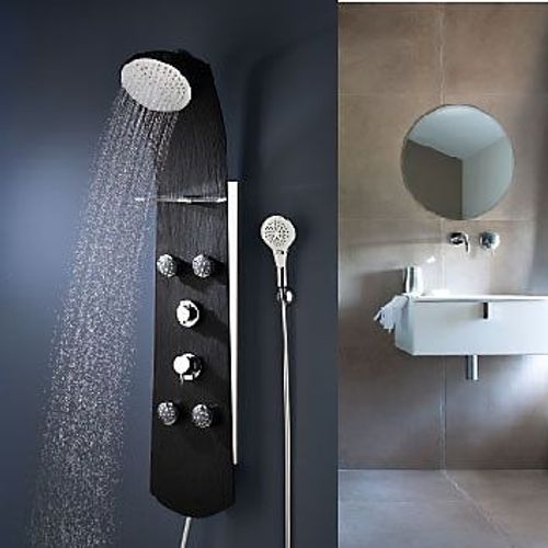 Colonne de douche thermostatique hydromassante 4 buses avec tablette, pomme de tête, douchette 3 jets et flexible, noir mat, Valentin Nautilus