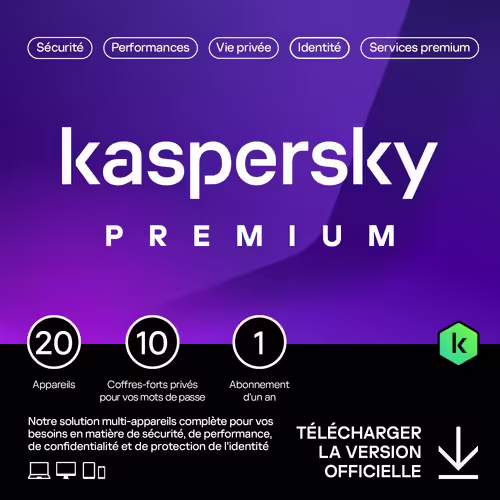 Kaspersky Premium - Multidevice 20 App 1 An 10 Coffres - Pc Mac Android Ios - Ed Française Licence Officielle Par Mail - Esd