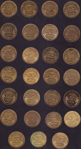 Lot De 27 Pieces Francaises  50 Centimes Bronze Aluminium Alexandre Morlon Dates Variees 
