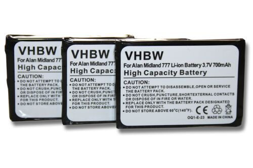 vhbw 3x Batteries, compatible avec Alan / Midland 777, PMR446, PMR446+ radio, talkie-walkie (700mAh 3,7V Li-Ion) - Remplacement pour Alan FB-777