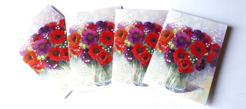 Quatre Petites Cartes Doubles De Correspondance Avec Un Vase Rempli De Coquelicots Colorés- Colourful Poppies Par Peter Mac Gowan- 9x13cm - Lign Design- Même Modèle - Avec Enveloppes