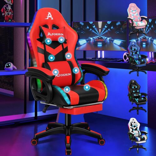 SUBZONAL-LED Chaise Gaming, Siege Gaming avec Massage 8 Points, Fauteuil de Gaming Pivotant Ergonomique avec Éclairage RVB avec Support Lombaire et Appui-Tête, Hauteur Réglable, Rouge