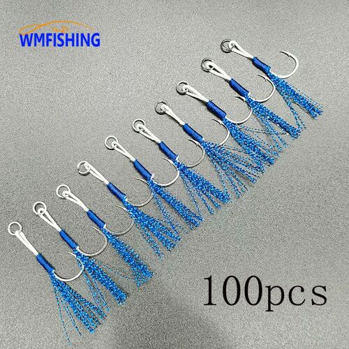 Mélanger 14 16 18 20 22 - Blue 100pcs - Leurre De Pêche En Acier Au Carbone Avec Crochet'assistance, Gabarits De Coulée De Poisson À Jigging Lent, Crochets De Gabarit Simples Barbelés, Plume De Fil, 100 Pièces Par Lot