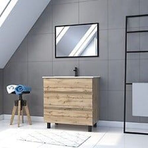 Meuble salle de bain 80x60 - Finition chene naturel + vasque blanche + miroir - TIMBER 80 - Pack 45
