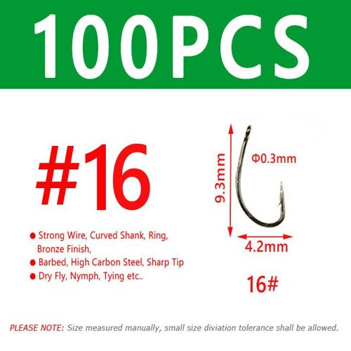 100pcs Taille 16 - Hameçon De Pêche À La Mouche Sec, Fil Standard, Nymphe, Crochet Incurvé, Finition Bronze, Petits Leurres, Matériel De Liaison