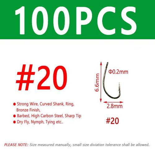 100pcs Taille 20 - Hameçon De Pêche À La Mouche Sec, Fil Standard, Nymphe, Crochet Incurvé, Finition Bronze, Petits Leurres, Matériel De Liaison