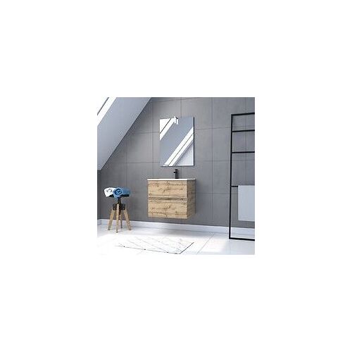 Pack Meuble SDB 60cm suspendu 2 tiroirs Chene_Vasque blanche + Miroir Led - TIMBER 60_Pack31