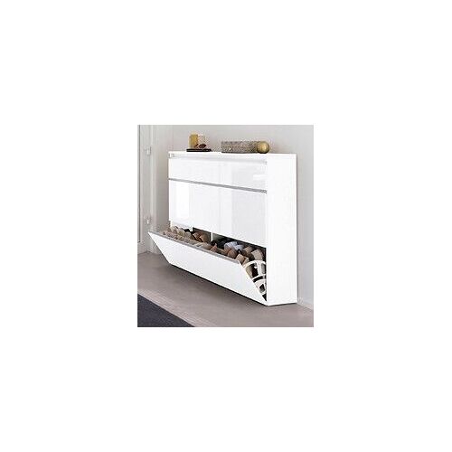 Étagère à chaussures moderne, Made in Italy, avec 2 portes et 1 porte abattante, Étagère à chaussures d'entrée, 120x27h108 cm, couleur blanc brillant