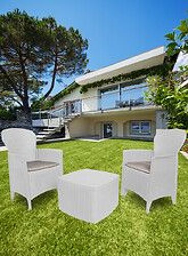 Ensemble De Jardin Avec Coussins, 2 Fauteuils Et 1 Table Conteneur D'extérieur, Made In Italy, Couleur Blanche