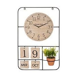 Pendule murale en métal et Bois avec Calendrier perpétuel et Plante verte en pot