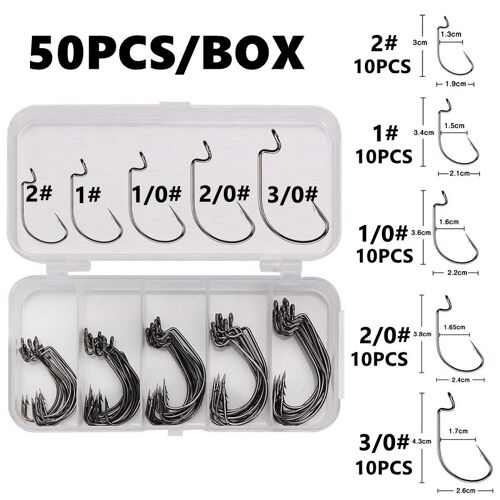 50pcs-1 Boîte - Ensemble De Crochets De Pêche, Boîte De 50 Pièces, Gabarit, Manivelle, Crochet Barbelé, Acier Inoxydable À Haute Teneur En Carbone, Large Écart, Crochet De Poisson, Ver Mou, Crochet De Mer, Matériel