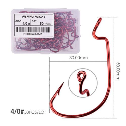 Taille 4 0 - 50pcs Rd - Boîte De 50 Crochets De Pêche À Manivelle Large En Acier Au Carbone, Ensemble De Hameçons De Poisson À Décalage Pour Ver Mou, Hameçon Barbelé De Pêche À La Carpe
