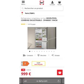 Whirlpool SP408001 - Réfrigérateur congélateur XXL encastrable volumes 400 litres