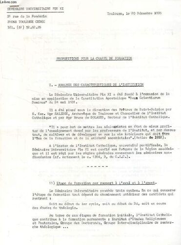 Propositions Pour La Charte De Formation (Seminaire Pie Xi)