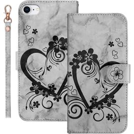 Coque Pour Iphone Se 2022/Iphone 7/Iphone 8/Iphone Se 2020 (4.7 Pouces),En Marbre Fleurs Motif Pu Cuir Tpu Avec[Fentes Pour Cartes],Noir