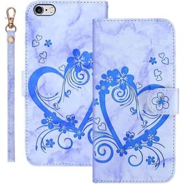Coque Pour Iphone 6/6s Flip Wallet Cover,Motif Floral En Forme De Coeur Pu Antichoc,Fonction Stand,Fentes Cartes,Bleu