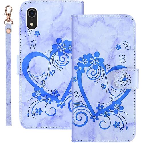 Coque Pour Iphone Xr Flip Wallet Cover,Motif Floral En Forme De Coeur Pu Antichoc,Fonction Stand,Fentes Cartes,Bleu