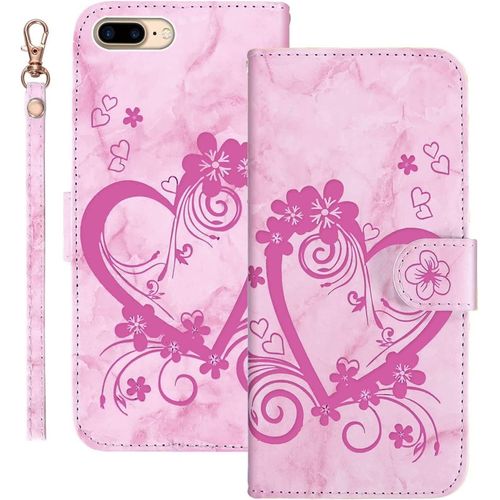 Coque Pour Iphone 7 Plus/8 Plus Flip Wallet Cover,Motif Floral En Forme De Coeur Pu Antichoc,Fonction Stand,Fentes Cartes,Rose