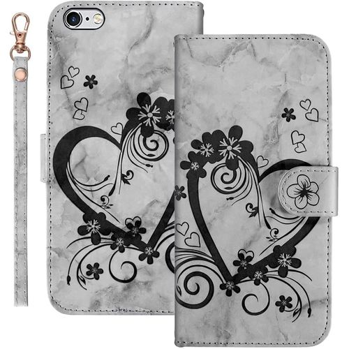 Coque Pour Iphone 6/6s Flip Wallet Cover,Motif Floral En Forme De Coeur Pu Antichoc,Fonction Stand,Fentes Cartes,Noir