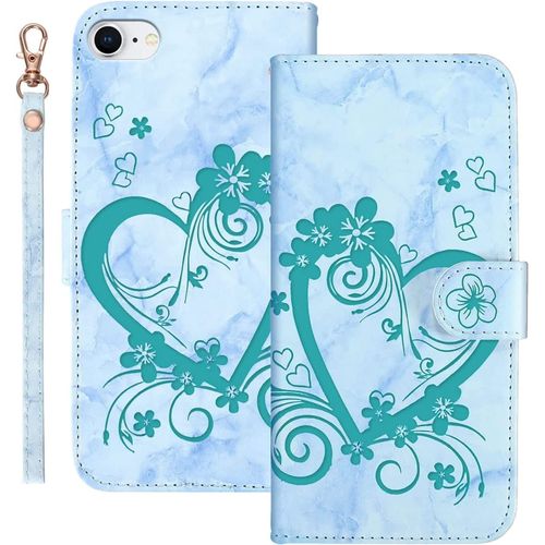 Coque Pour Iphone Se 2022/Iphone 7/Iphone 8/Iphone Se 2020 (4.7 Pouces),En Marbre Fleurs Motif Pu Cuir Tpu Avec[Fentes Pour Cartes],Vert