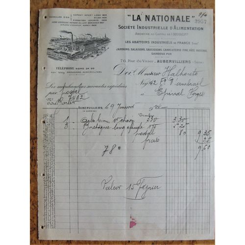 Facture Ancienne La Nationale Soc. Industrielle Alimentation Aubervilliers 1914 (Seine)