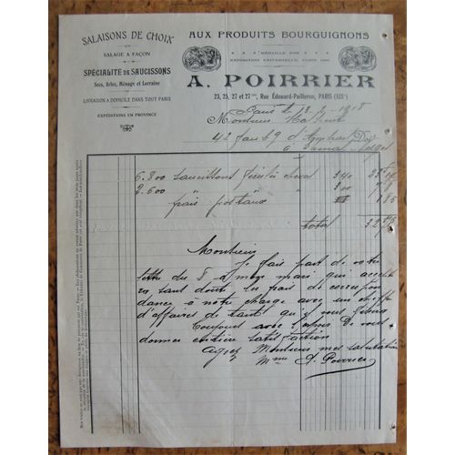 Facture Ancienne - A Poirier - Salaisons - Paris 19° - 1918