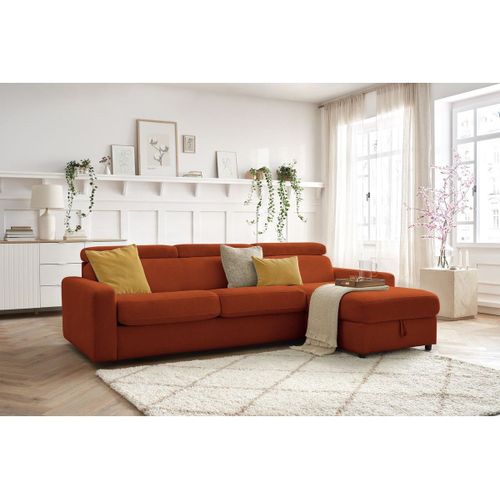 Canapé D'angle Réversible Convertible Coffre Monaco Tissu Lisse Orange Réversible