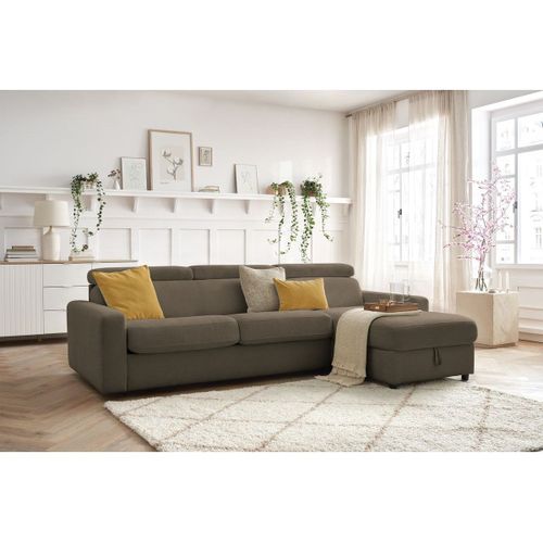 Canapé D'angle Réversible Convertible Coffre Monaco Tissu Lisse Marron Réversible