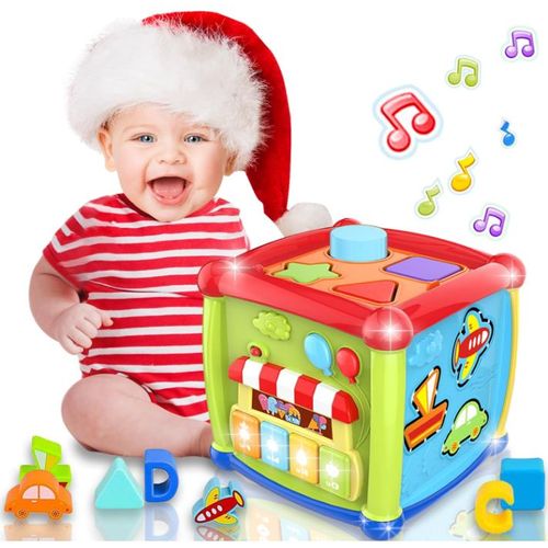 6 en 1 Apprentissage Précoce Cube d'activité Jouet pour Bébé 18+ Mois Forme Classificateur Piano Clavier Lumineux Musique Jouet Cadeau pour Enfant 1 2 Ans Garçon Fille